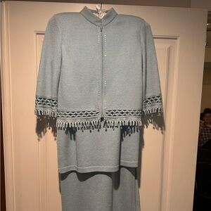 3 piece Vintage Elegance St. John Light Blue Dress with Fringe Crystal  Detail